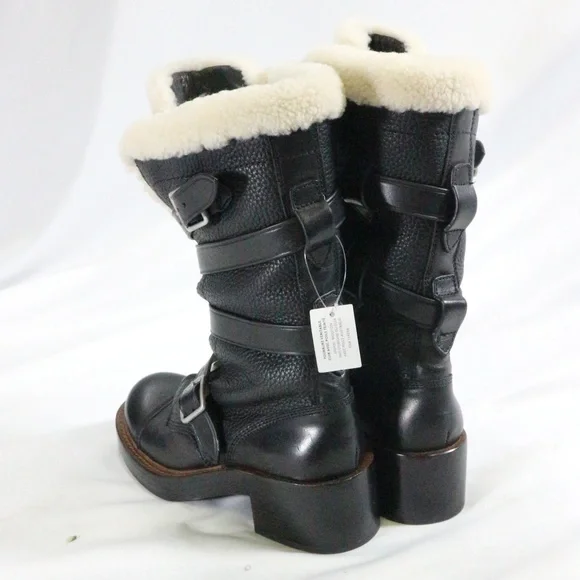 COACH Moto Shearling Pebbled Leather Buckle Boots NEW Sz 5 US Wmn - Picture 5 of 8